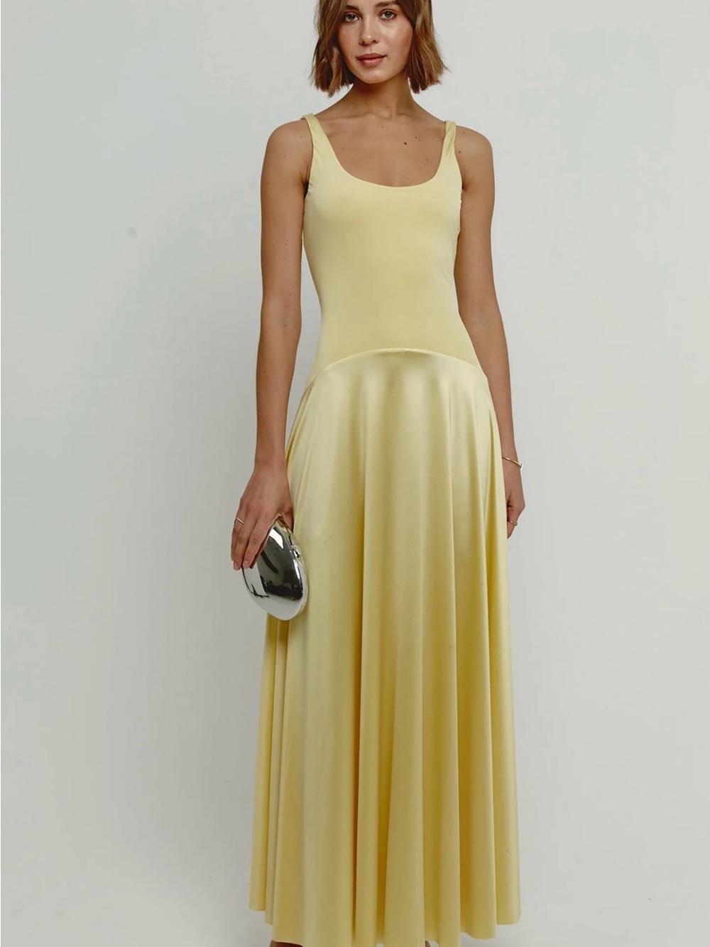 Rare London Pale Yellow Scoop-Neck Satin Maxi Dress